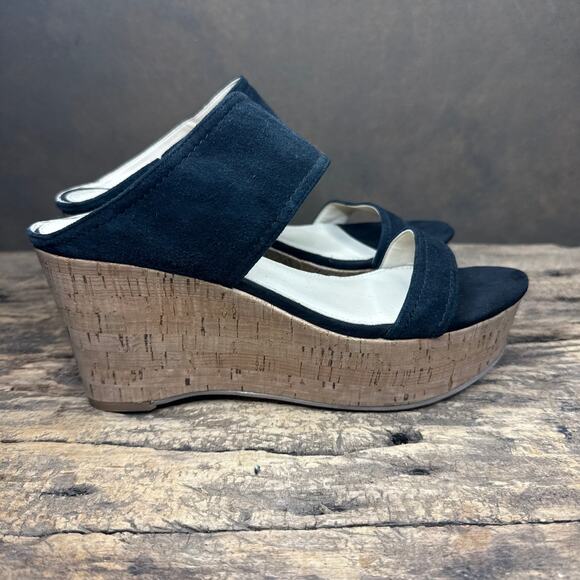 Marc Fisher Shelbee Navy Suede Cork Wedge Sandals Women’s 8.5M Leather Upper - Picture 4 of 9